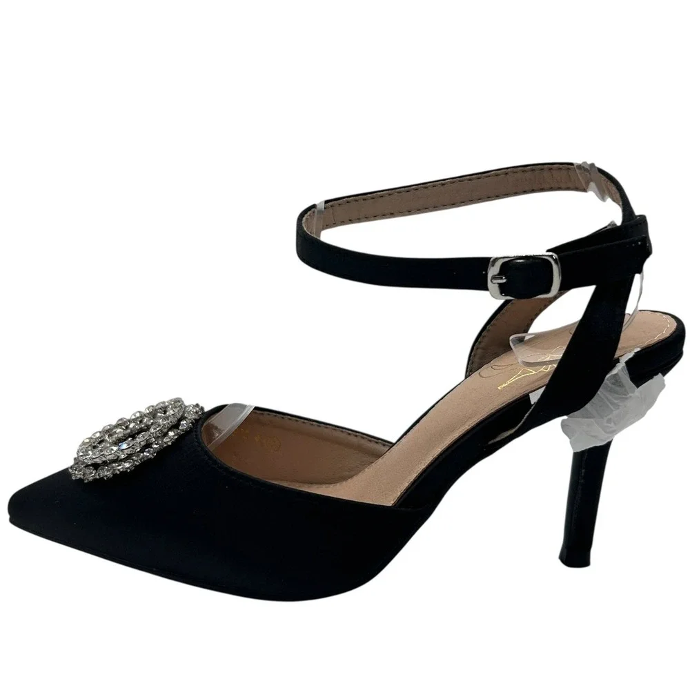 NEW‎ Allegra K Ankle Strap Heels Womens 7 Black Rhinestone Pointed Toe Pumps